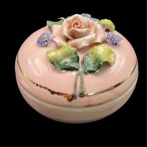 Elfinware Germany Vintage Post 1945 Trinket Box Pink Gilt Round Rose Flowers